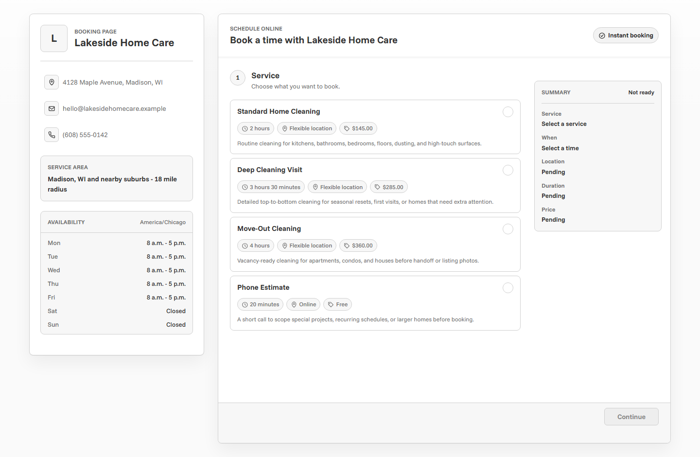 Booking page showing a service list, business contact details, and booking summary