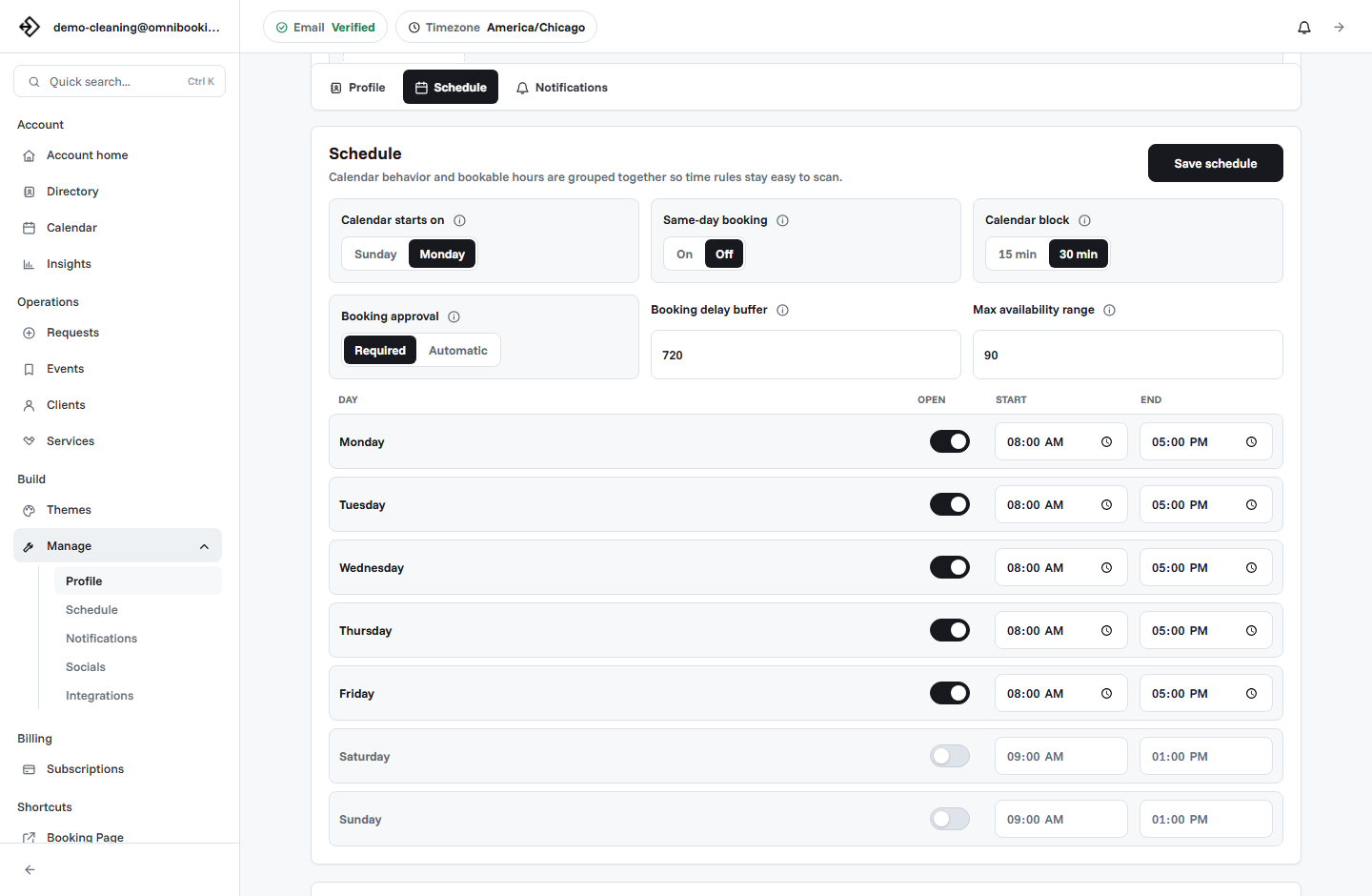 Booking settings schedule controls for same-day booking, approval, delays, and open hours