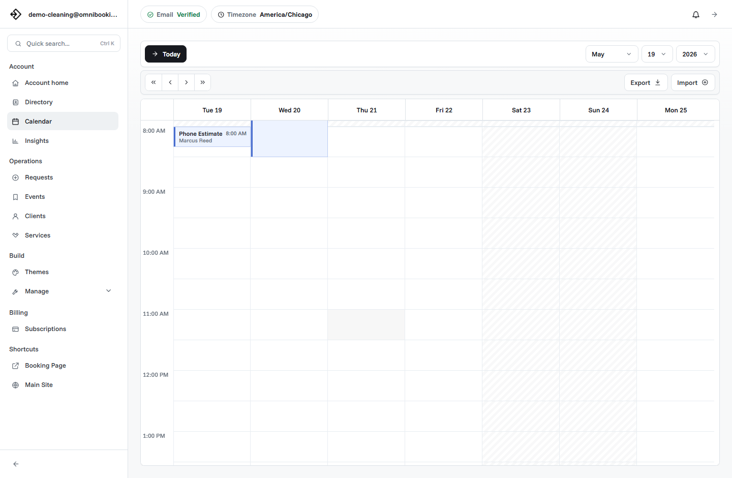 Calendar view showing scheduled appointments and open time slots