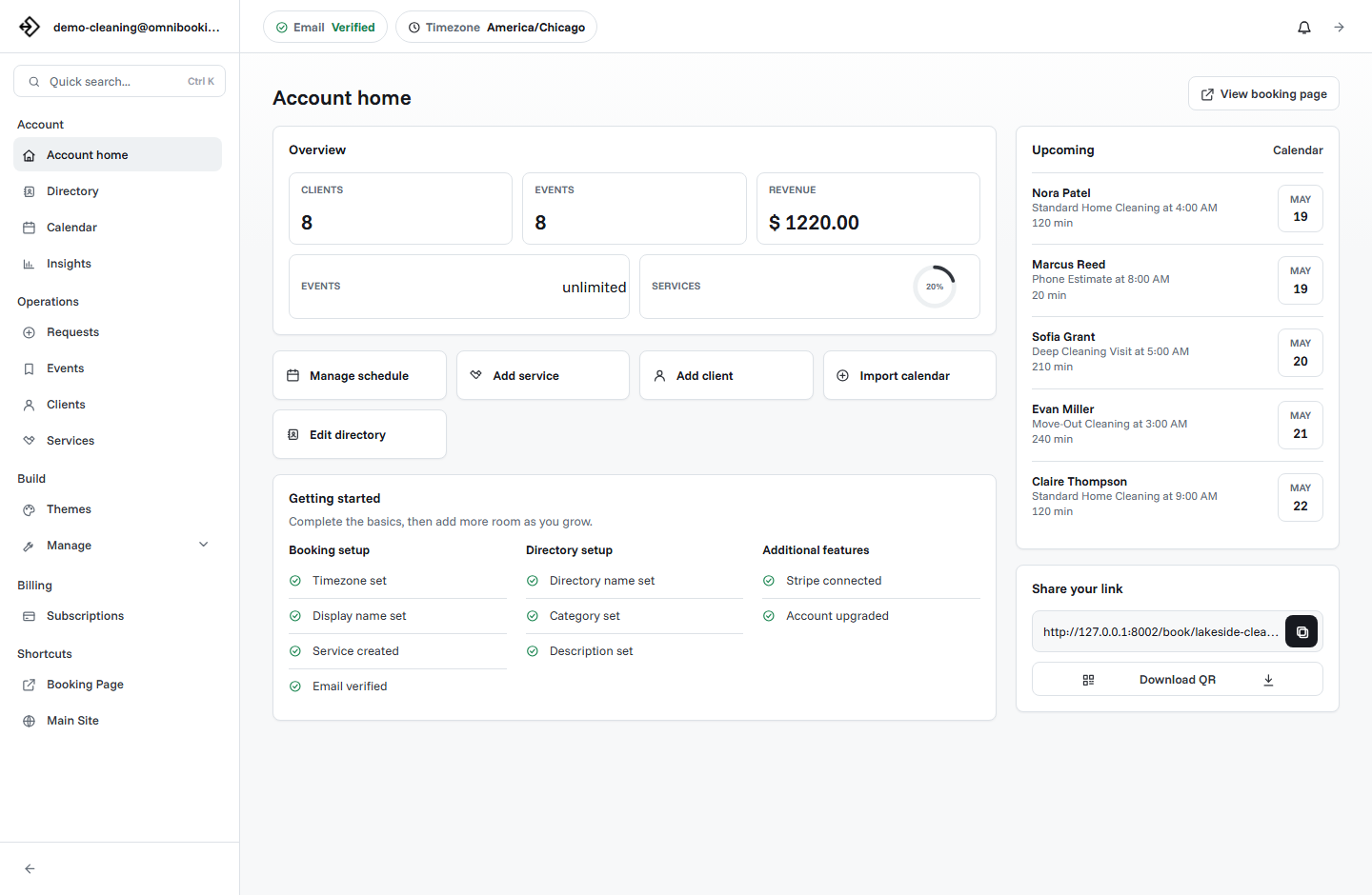 Dashboard overview with setup progress, upcoming bookings, revenue, and calendar activity